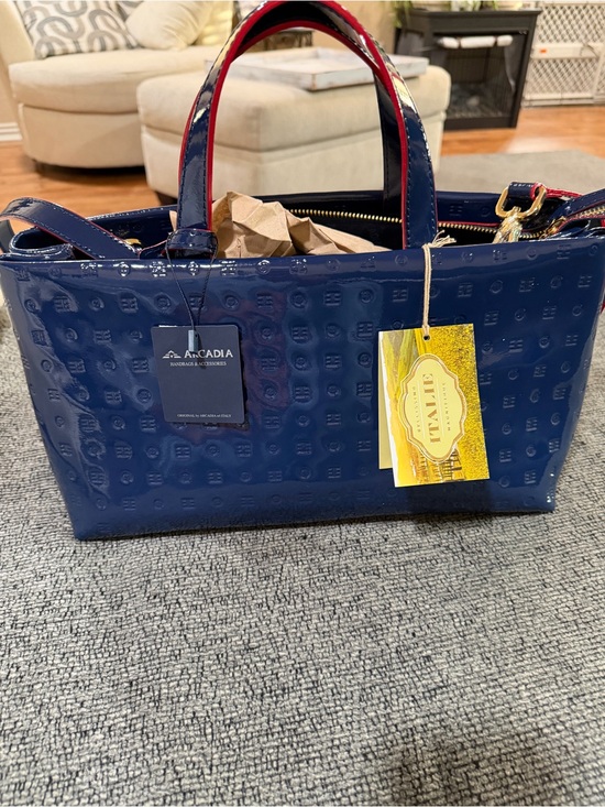Arcadia Handbags - Arcadia Navy Patent Tote with Red-Trim Handles NWT
